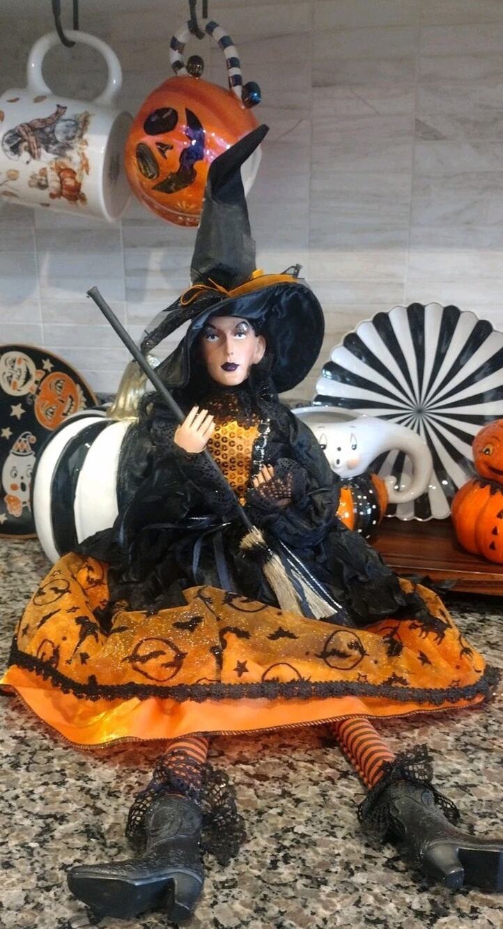 Halloween Witch Shelf Sitter 27"in Orange~Black Fabric/ w/Broom